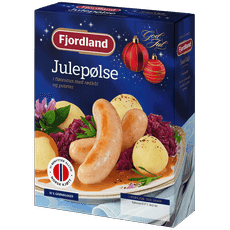 Julepølse i fløtesaus med rødkål og poteter