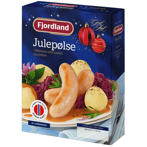 Julepølse i fløtesaus med rødkål og poteter