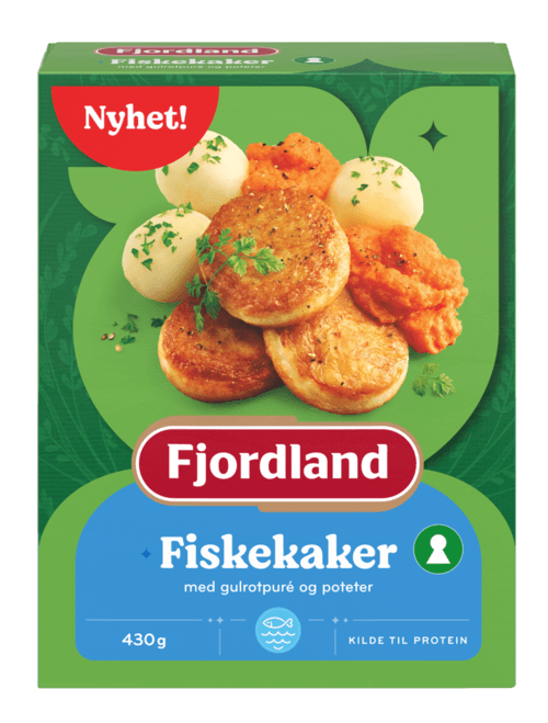 Fiskekaker med gulrotpuré og poteter Fiskekaker med gulrotpuré og poteter