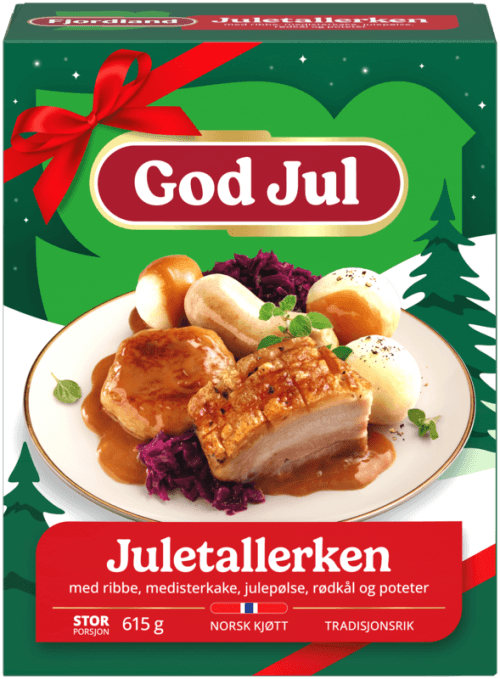 Juletallerken med ribbe, medisterkake, julepølse, rødkål og poteter Juletallerken med ribbe, medisterkake, julepølse, rødkål og poteter