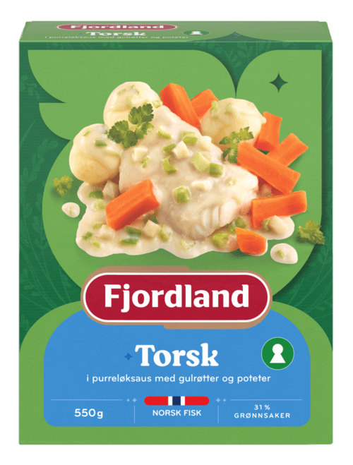 Torsk med purreløksaus, gulrøtter og poteter
