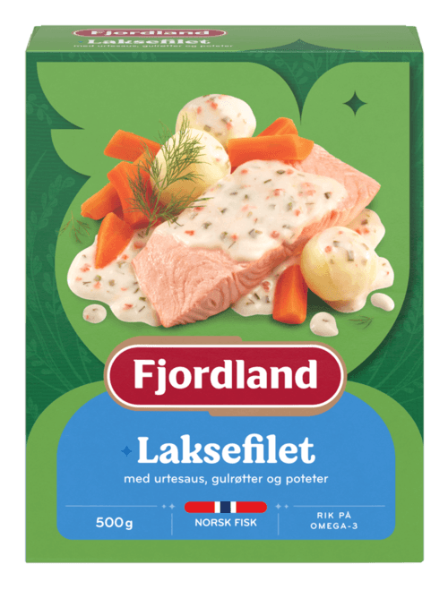 Laksefilet med urtesaus, gulrøtter og poteter