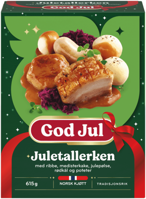 Juletallerken med ribbe, medisterkake, julepølse, rødkål og poteter