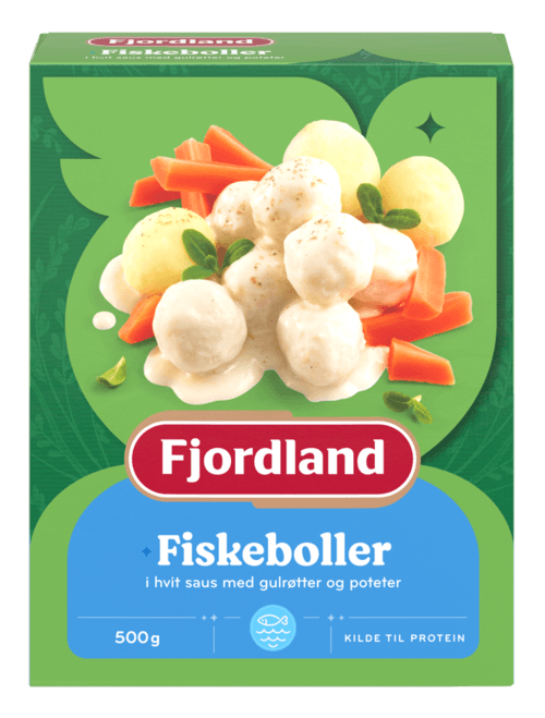 Fiskeboller i hvit saus med gulrøtter og poteter