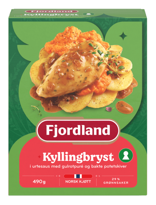 Kyllingbryst med urtesaus, gulrotpuré og skivede poteter Kyllingbryst med urtesaus, gulrotpuré og skivede poteter