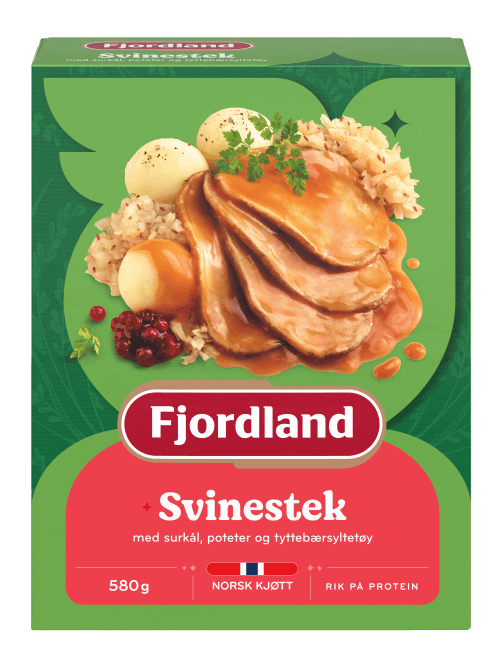 Svinestek med surkål, poteter og tyttebærsyltetøy